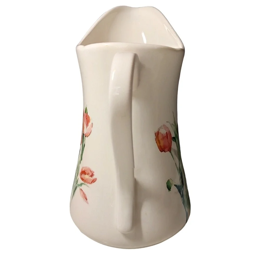 Pier 1 Imports Pitcher Retired Spring Floral Tulips Pink‎ Ironstone Water 9.5 in